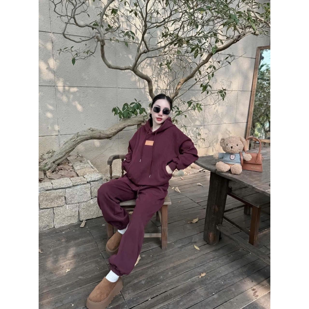 đồ bộ nữ thu đông ,áo hoodie nữ form rộng dày phối quần suông cạp chun 3 màu đỏ kem đen Donna hcom3693