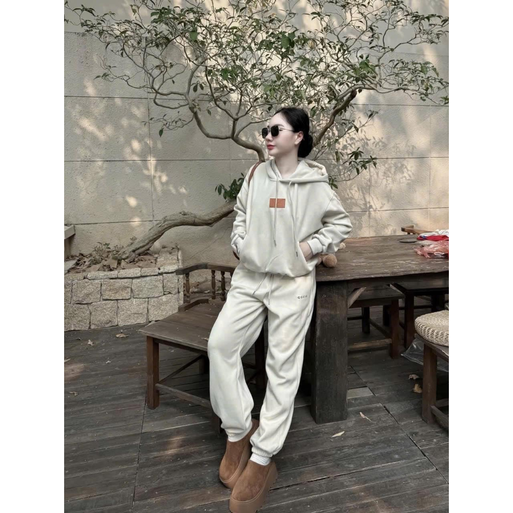 đồ bộ nữ thu đông ,áo hoodie nữ form rộng dày phối quần suông cạp chun 3 màu đỏ kem đen Donna hcom3693