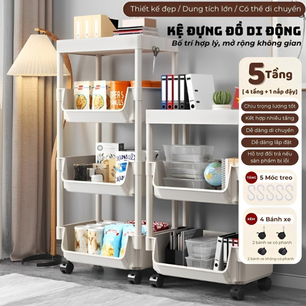 [Tết Cào là có quà] Kệ để đồ đa năng 5 tầng có bánh xe di chuyển tiện lợi kệ sách đựng đồ phòng khách phòng ngủ nhà tắm