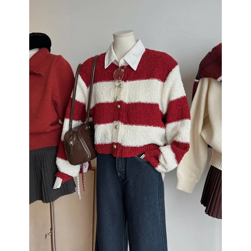 Áo len dáng cardigan cúc đồng phối họa tiết kẻ ngang bản to NEW