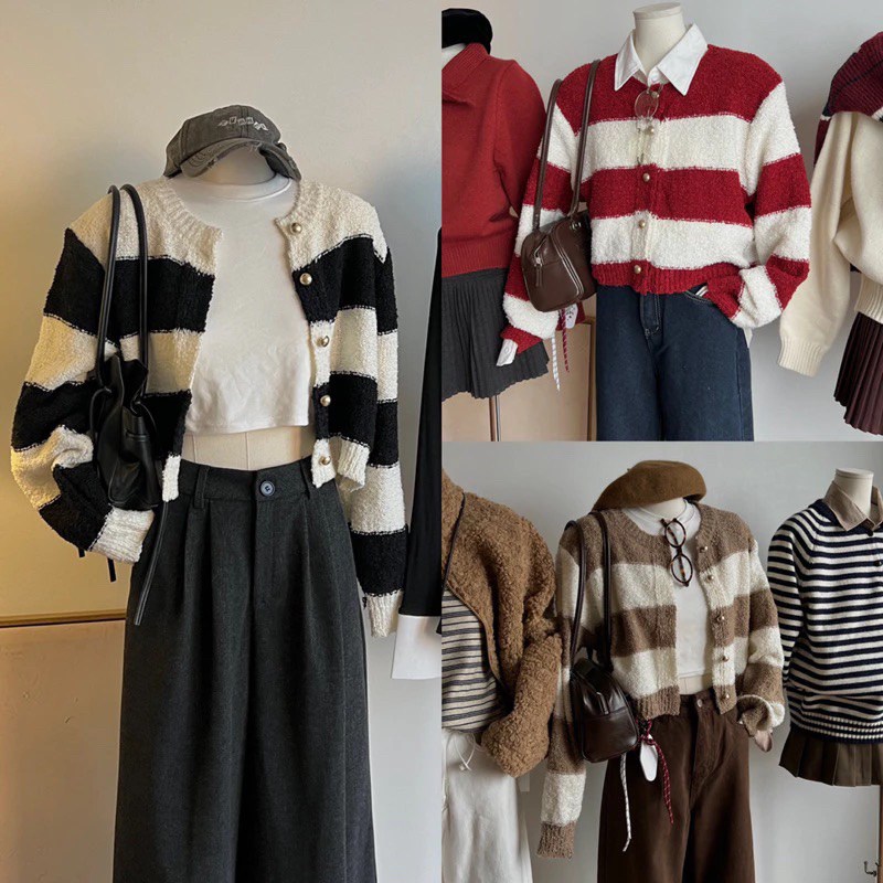 Áo len dáng cardigan cúc đồng phối họa tiết kẻ ngang bản to NEW