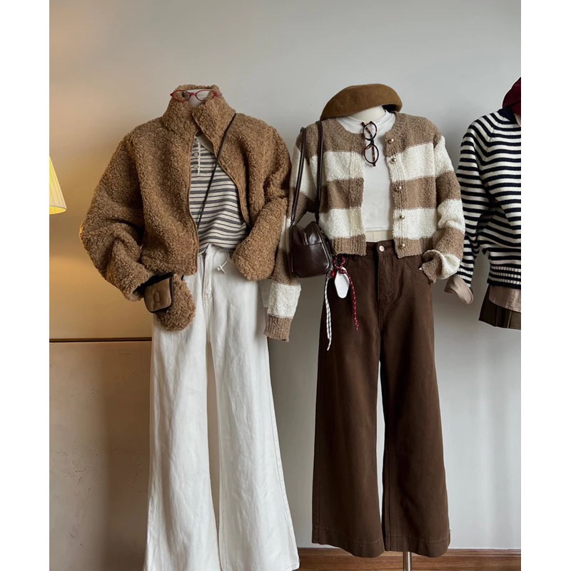 Áo len dáng cardigan cúc đồng phối họa tiết kẻ ngang bản to NEW