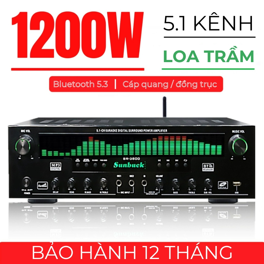 Amply karaoke bluetooth Sunbuck SR 3800 - Âm thanh vòm 5.1, kết nối sub hơi, dải led EQ, có cổng âm thanh quang học
