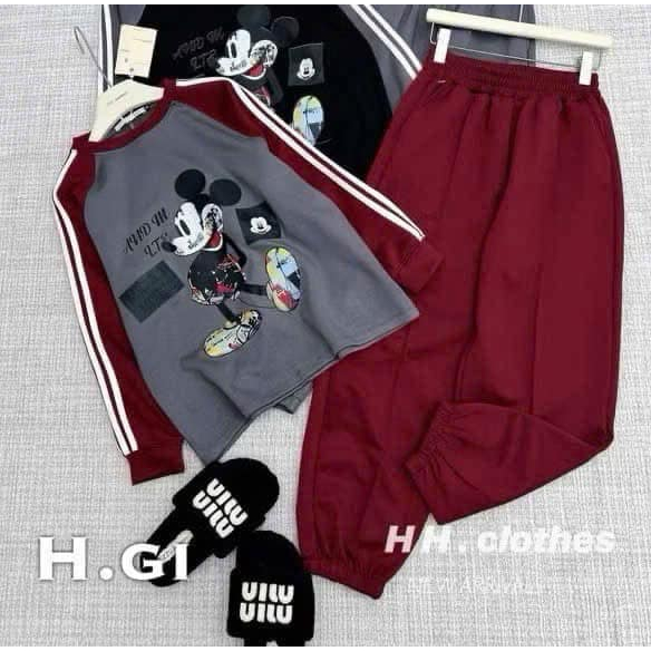 set đồ nữ.đồ bộ nữ thu đông in họa tiết mikey dài tay kẻ sọc viền quần cạp chun ống rộng Donna Hcom3696