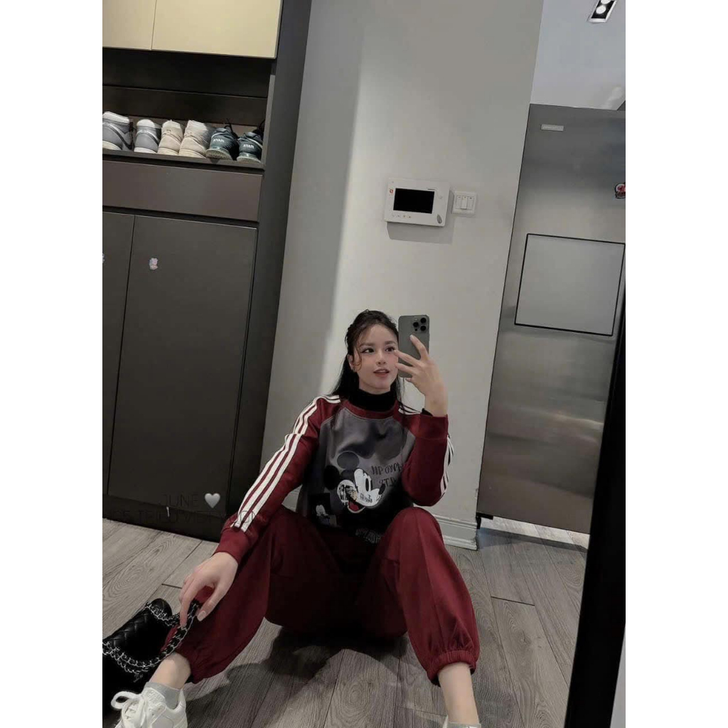 set đồ nữ.đồ bộ nữ thu đông in họa tiết mikey dài tay kẻ sọc viền quần cạp chun ống rộng Donna Hcom3696