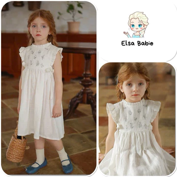 Váy công chúa ElsaBabie Váy trắng thêu ngực chất linen phối bèo nơ hông phong cách tiểu thư