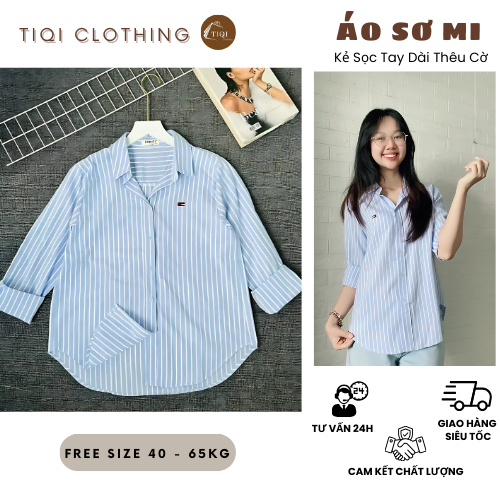 Áo Sơ Mi Sọc Tay Dài Thêu Hình Cờ, Chất Xô Hàn Mềm Mại, Sơ Mi Caro Nhiều Màu Pastel Dễ Phối Đồ