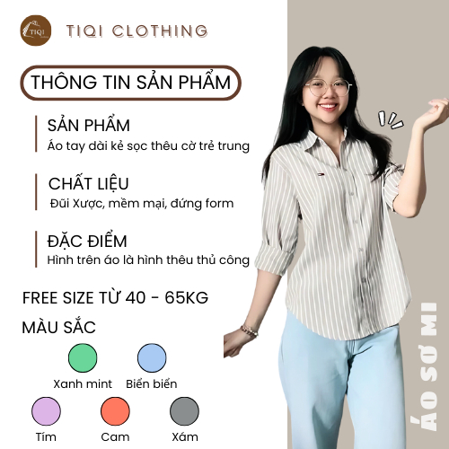 Áo Sơ Mi Sọc Tay Dài Thêu Hình Cờ, Chất Xô Hàn Mềm Mại, Sơ Mi Caro Nhiều Màu Pastel Dễ Phối Đồ