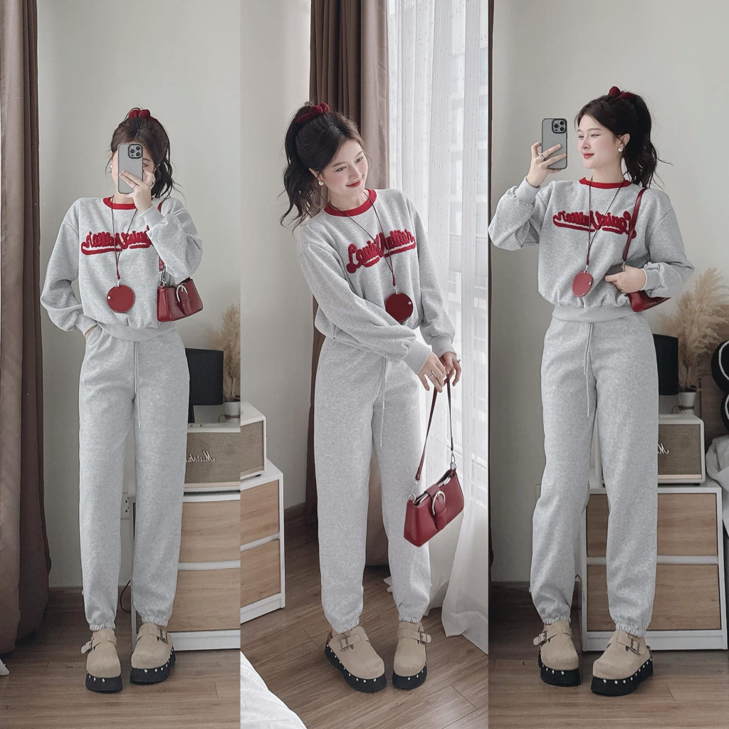 set đồ nữ mùa đông , đồ bộ nữ áo dài tay chát nỉ màu kem sáng thêu chữ cổ tròn viền đỏ xinh xắn Donna hcom3701