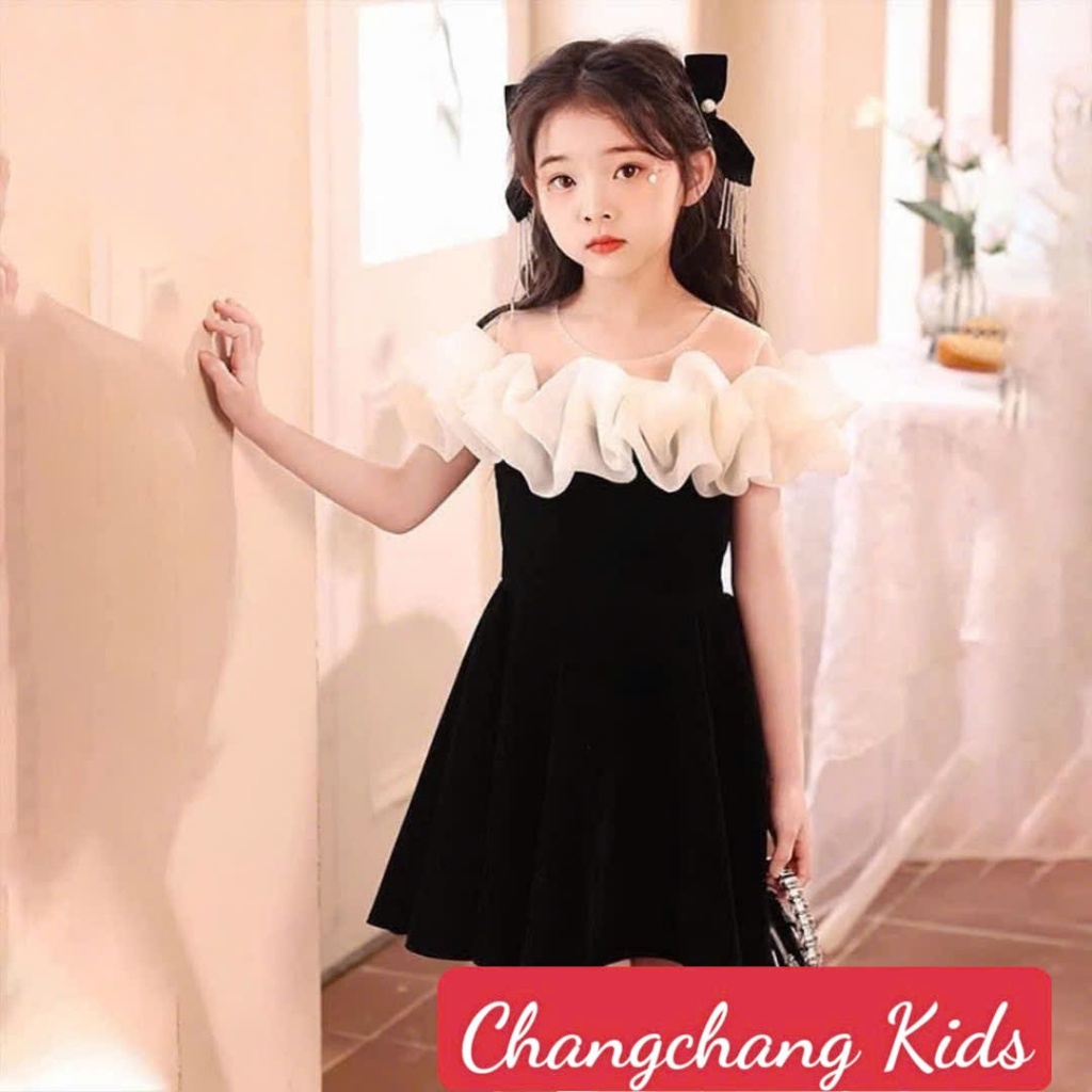 Đầm nhung bé gái thiết kế trễ vai dễ thương cho mẹ và bé 15-55kg,đầm bé gái nhung đỏ tết noel,đầm size đại bé gái