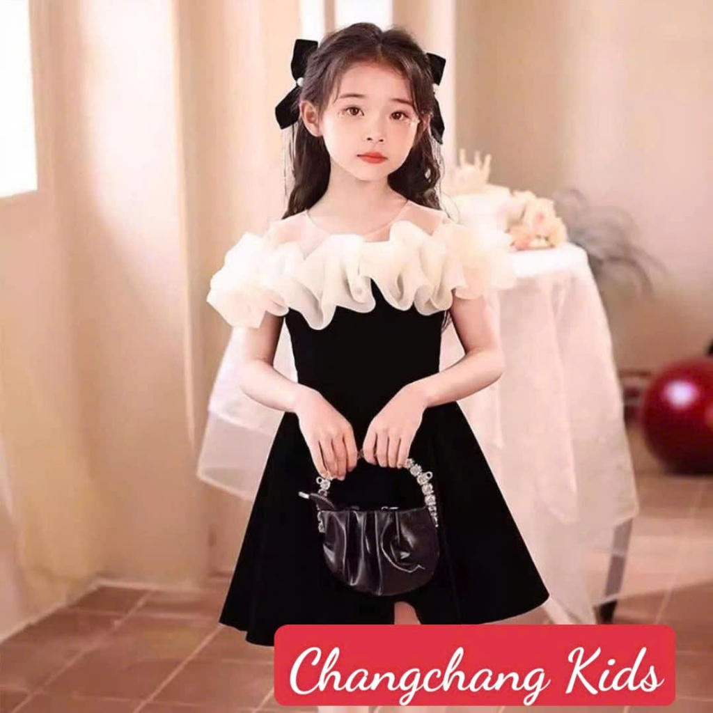 Đầm nhung bé gái thiết kế trễ vai dễ thương cho mẹ và bé 15-55kg,đầm bé gái nhung đỏ tết noel,đầm size đại bé gái