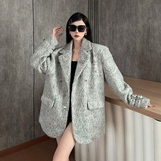 Áo khoác vest len dạ dài tay nữ đính đá cao cấp khí chất dày dặn