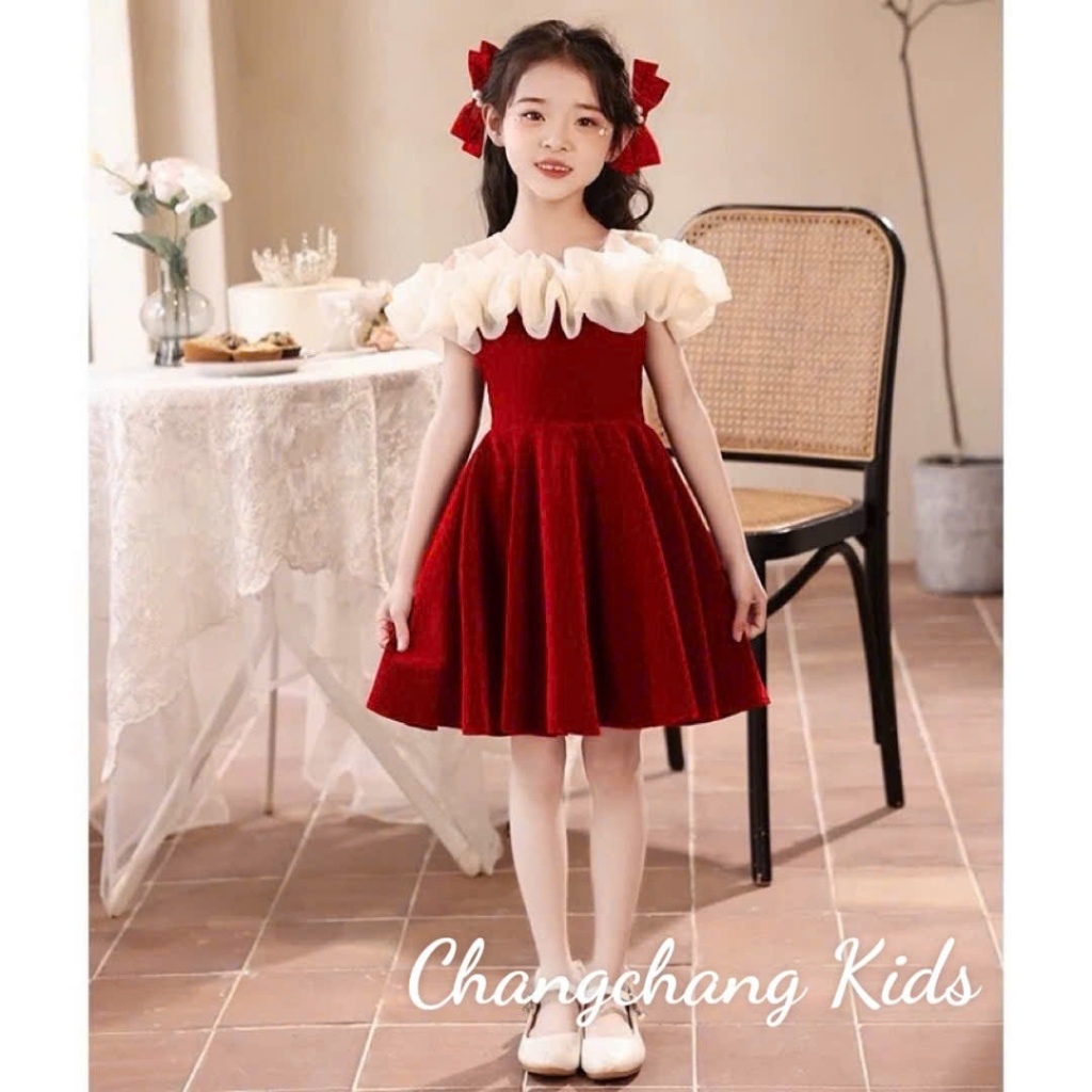 Đầm nhung bé gái thiết kế trễ vai dễ thương cho mẹ và bé 15-55kg,đầm bé gái nhung đỏ tết noel,đầm size đại bé gái