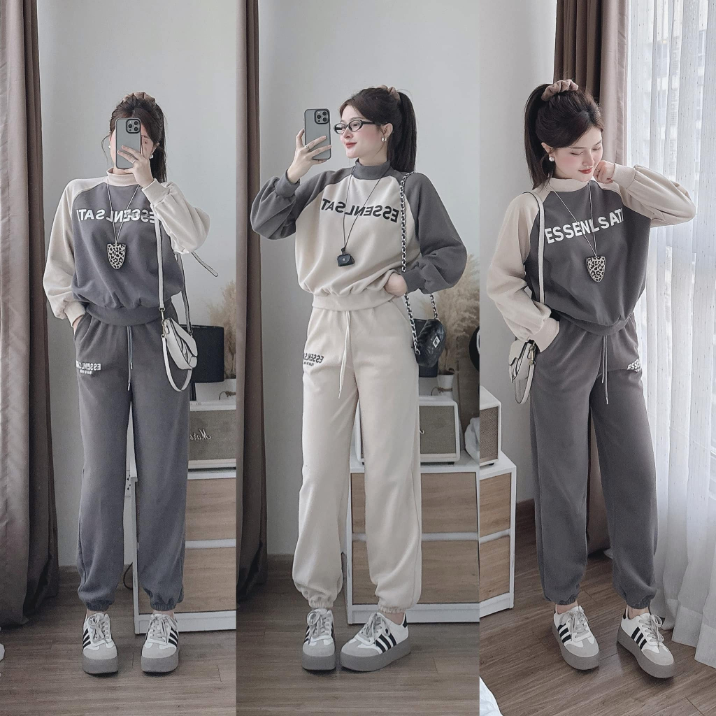 set đồ nữ mùa đông ,đồ bộ nữ áo cổ 2 phân phối màu thêu chữ mix quần dài suông cạp chun siêu xinh Donna hcom3680