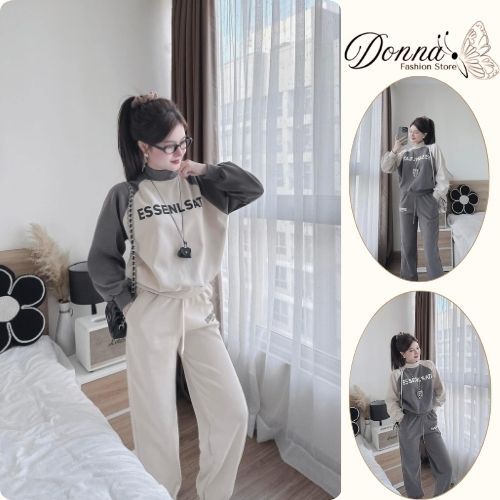 set đồ nữ mùa đông ,đồ bộ nữ áo cổ 2 phân phối màu thêu chữ mix quần dài suông cạp chun siêu xinh Donna hcom3680