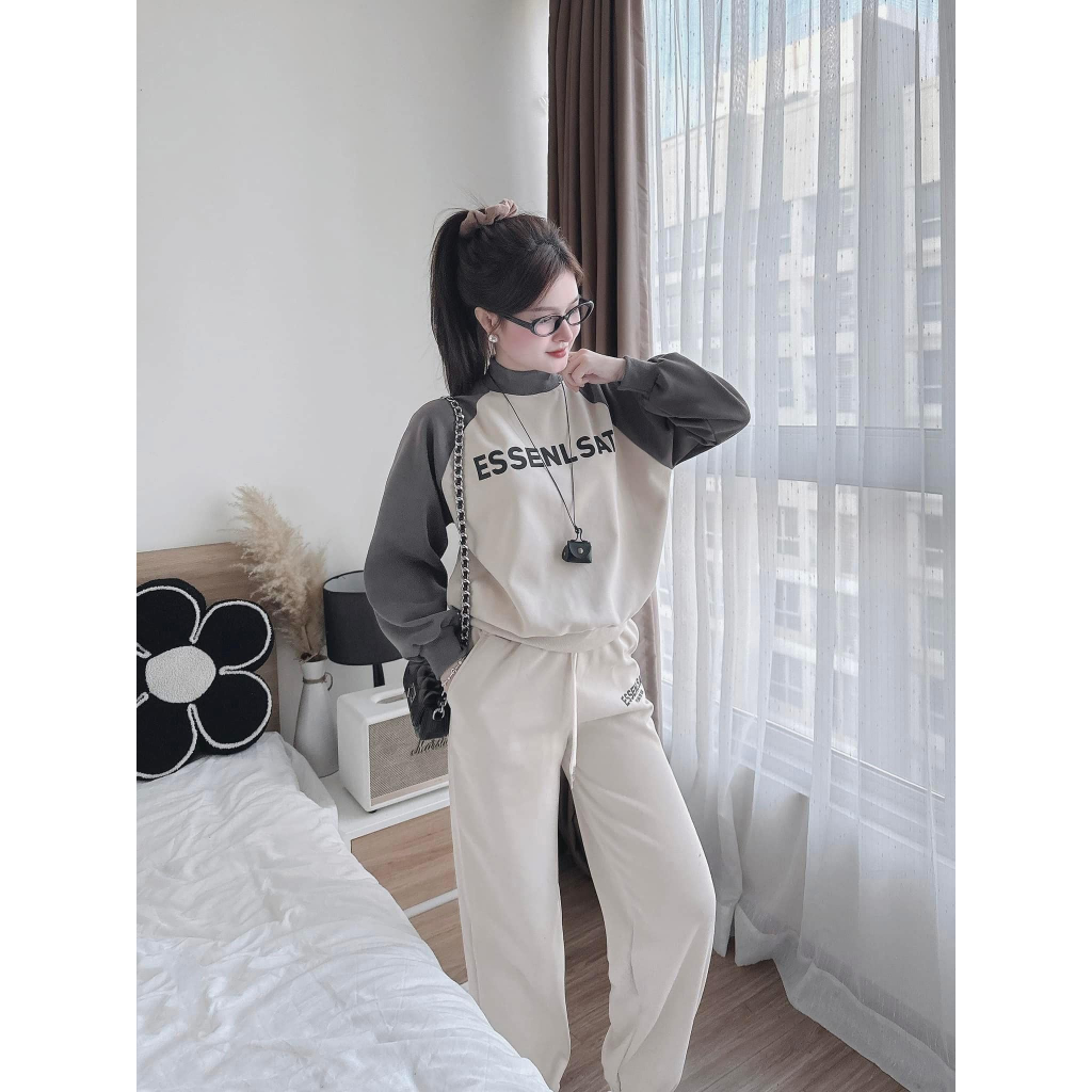 set đồ nữ mùa đông ,đồ bộ nữ áo cổ 2 phân phối màu thêu chữ mix quần dài suông cạp chun siêu xinh Donna hcom3680