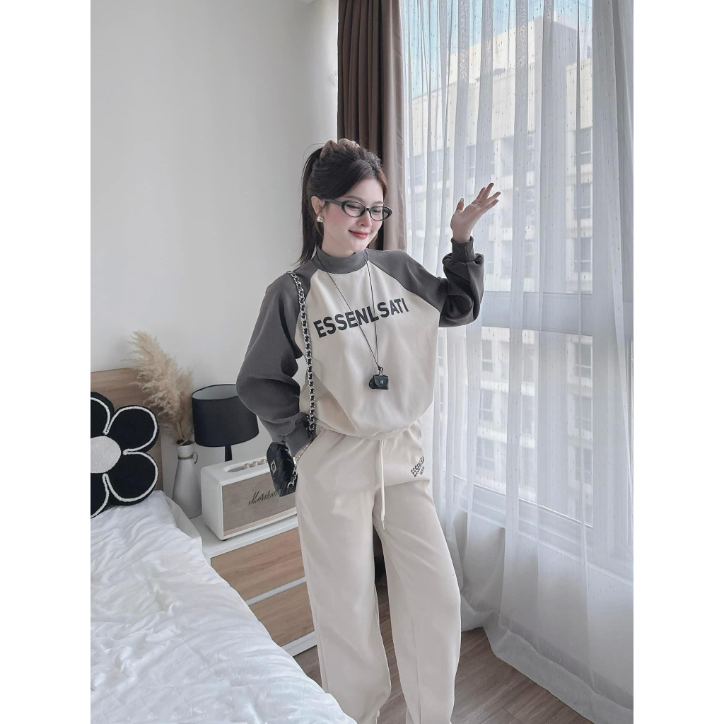 set đồ nữ mùa đông ,đồ bộ nữ áo cổ 2 phân phối màu thêu chữ mix quần dài suông cạp chun siêu xinh Donna hcom3680