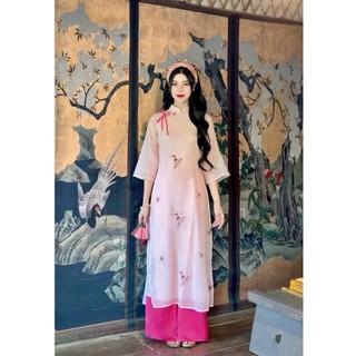 Set áo dài cách tân áo tơ thêu họa tiết 4 tà cổ trụ phối quần lụa có 3 màu sành điệu dễ lựa chọn
