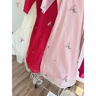 Set áo dài cách tân áo tơ thêu họa tiết 4 tà cổ trụ phối quần lụa có 3 màu sành điệu dễ lựa chọn