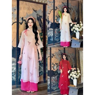 Set áo dài cách tân áo tơ thêu họa tiết 4 tà cổ trụ phối quần lụa có 3 màu sành điệu dễ lựa chọn