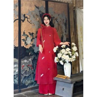 Set áo dài cách tân áo tơ thêu họa tiết 4 tà cổ trụ phối quần lụa có 3 màu sành điệu dễ lựa chọn