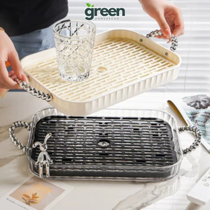 Khay trà 2 lớp vân kim cương trong suốt nhựa Acrylic, Khay úp ly cốc tay cầm ngọc trai sang trọng
