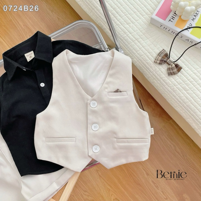 Set sơ mi công tử 4 chi tiết Bernie phối sơ mi cộc tay kèm nơ kẻ sành điệu siêu sang cho bé 9-25kg