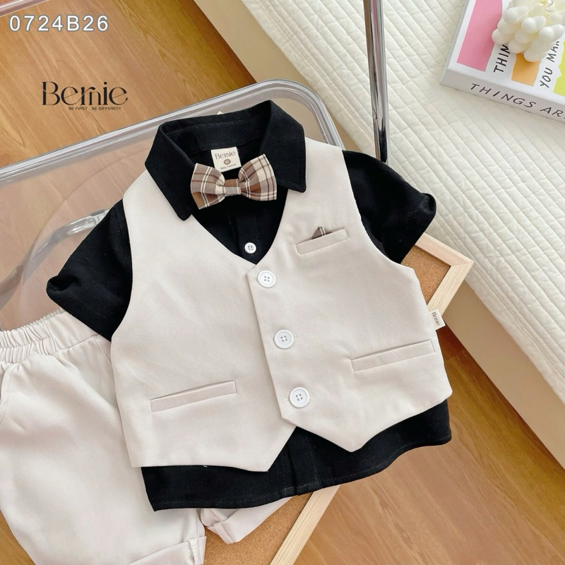 Set sơ mi công tử 4 chi tiết Bernie phối sơ mi cộc tay kèm nơ kẻ sành điệu siêu sang cho bé 9-25kg