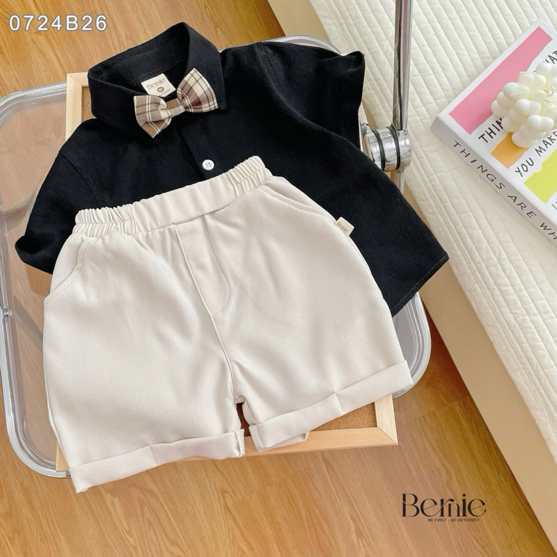 Set sơ mi công tử 4 chi tiết Bernie phối sơ mi cộc tay kèm nơ kẻ sành điệu siêu sang cho bé 9-25kg