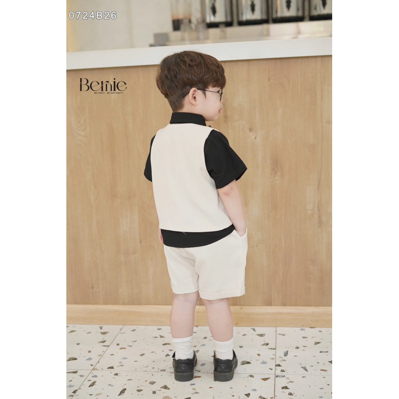 Set sơ mi công tử 4 chi tiết Bernie phối sơ mi cộc tay kèm nơ kẻ sành điệu siêu sang cho bé 9-25kg