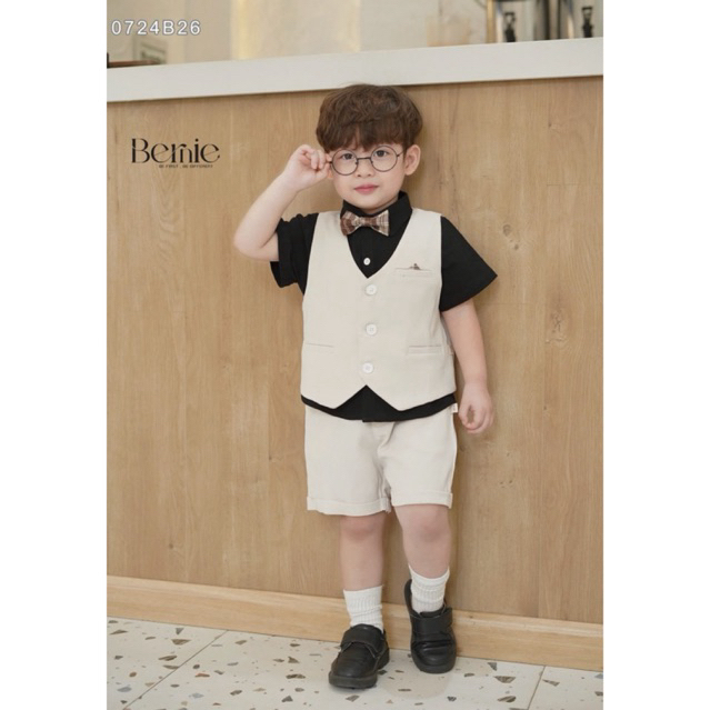 Set sơ mi công tử 4 chi tiết Bernie phối sơ mi cộc tay kèm nơ kẻ sành điệu siêu sang cho bé 9-25kg