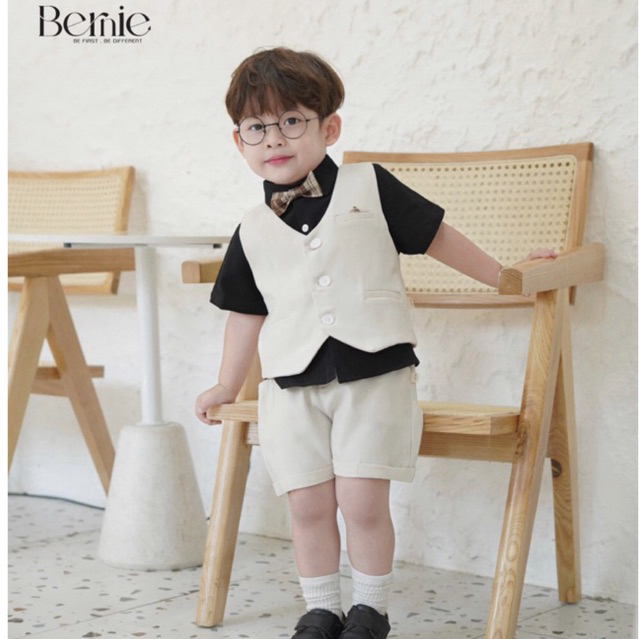Set sơ mi công tử 4 chi tiết Bernie phối sơ mi cộc tay kèm nơ kẻ sành điệu siêu sang cho bé 9-25kg