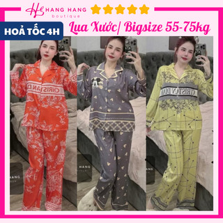 Đồ ngủ nữ bigsize 55-75kg, pijama dài tay dài lụa xước mềm mát 75DD12, đồ bộ nữ đồ mặc nhà thiết kế sang chảnh