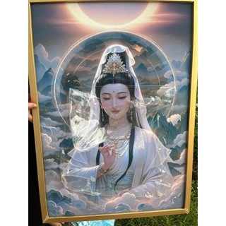 Tranh Phật Quan Âm Bồ Tát tráng gương dán viền siêu bóng treo tường, phòng khách, phòng ngủ