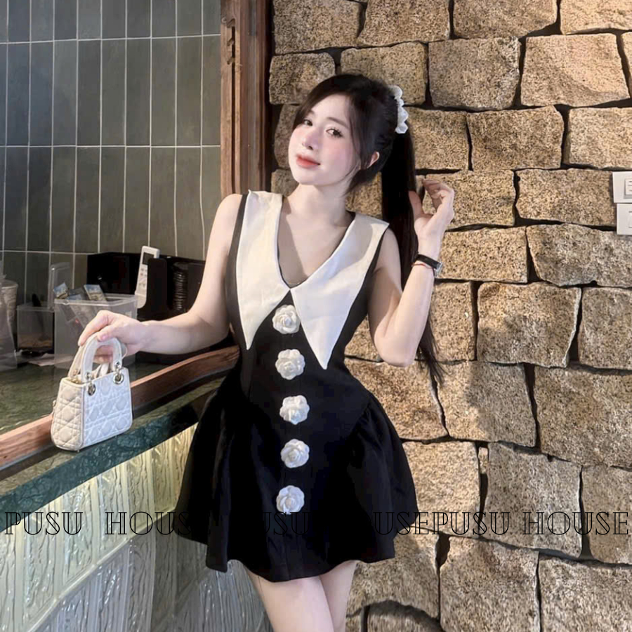 Đầm Tiểu Thư Cổ Vest Phối Nút Trẻ Trung Xinh Đẹp-PUSU HOUSE