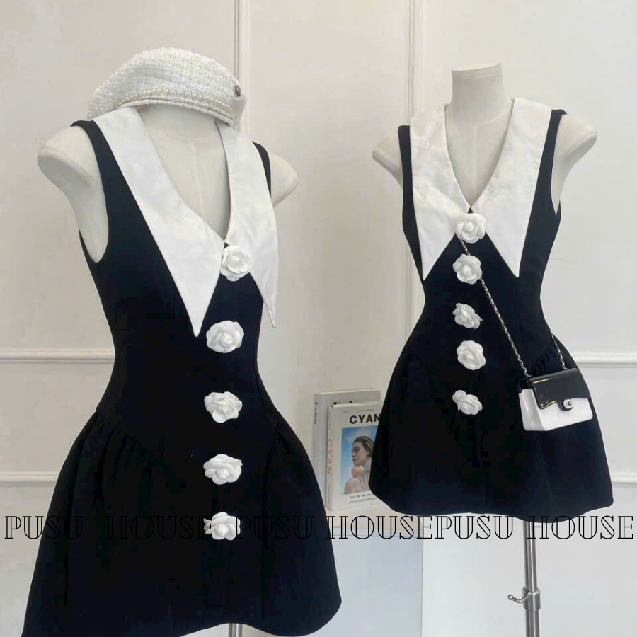 Đầm Tiểu Thư Cổ Vest Phối Nút Trẻ Trung Xinh Đẹp-PUSU HOUSE