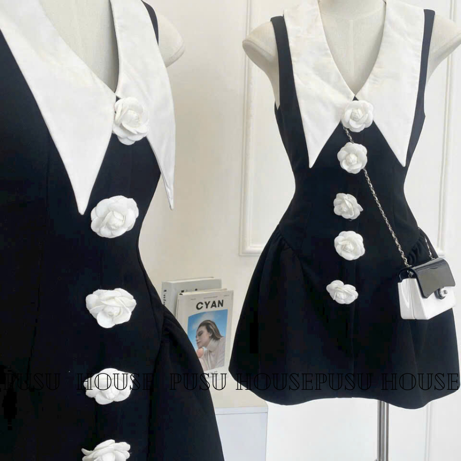 Đầm Tiểu Thư Cổ Vest Phối Nút Trẻ Trung Xinh Đẹp-PUSU HOUSE