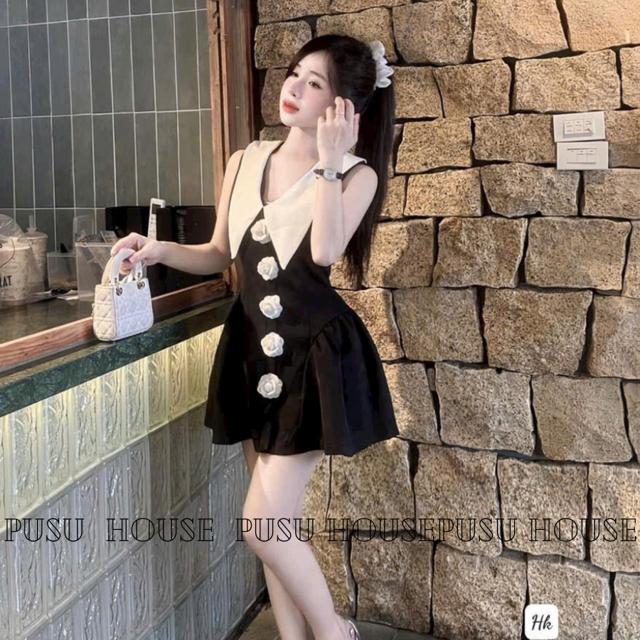 Đầm Tiểu Thư Cổ Vest Phối Nút Trẻ Trung Xinh Đẹp-PUSU HOUSE