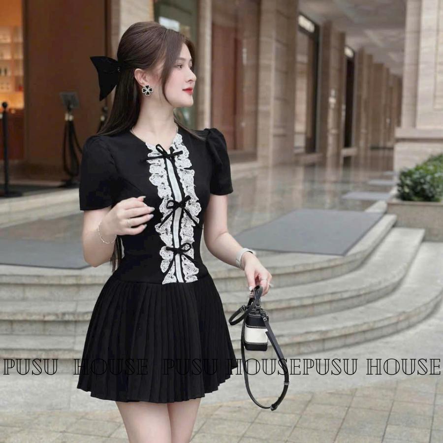 Đầm Tiểu Thư Đen Chữ A Phối Bèo Trắng Nơ Dự Tiệc Dạo Phố Trẻ Trung- PUSU HOUSE