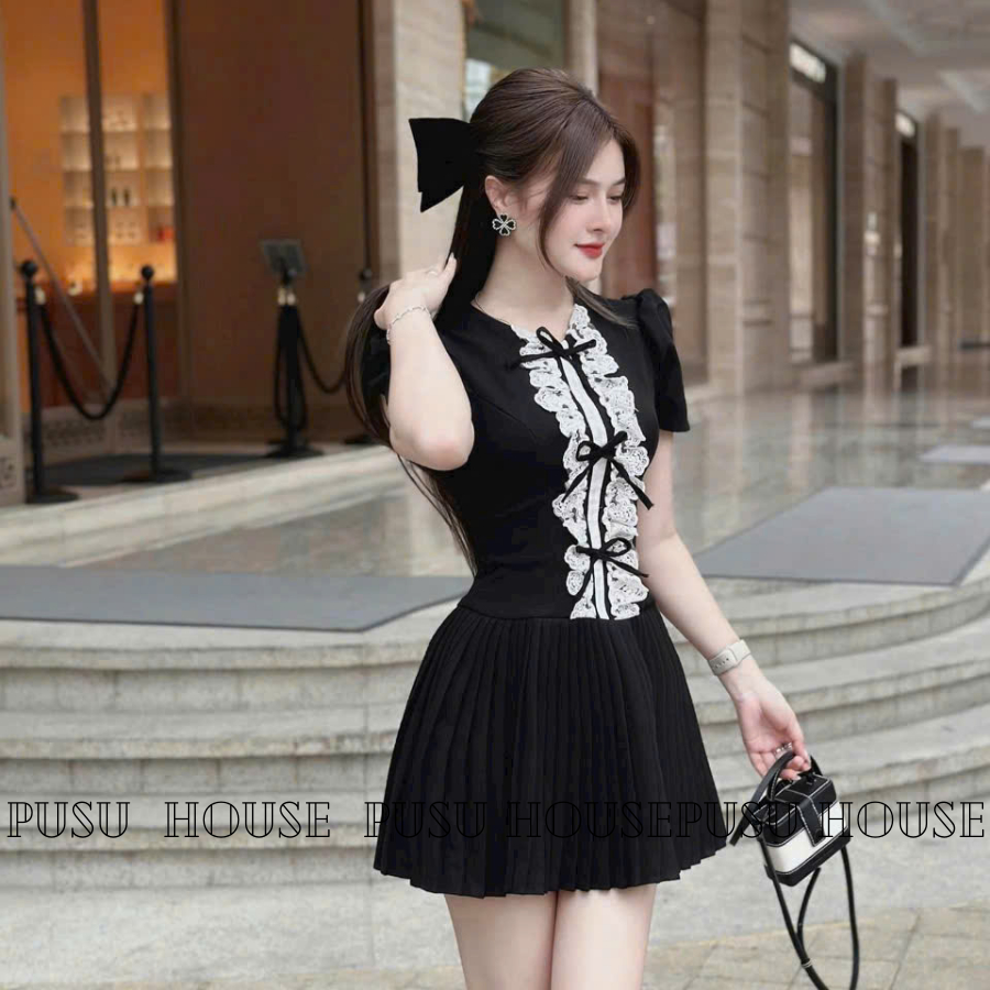 Đầm Tiểu Thư Đen Chữ A Phối Bèo Trắng Nơ Dự Tiệc Dạo Phố Trẻ Trung- PUSU HOUSE