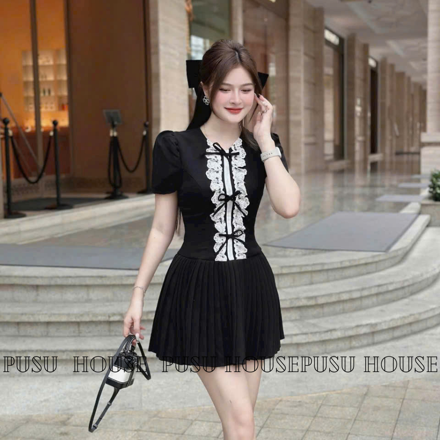 Đầm Tiểu Thư Đen Chữ A Phối Bèo Trắng Nơ Dự Tiệc Dạo Phố Trẻ Trung- PUSU HOUSE