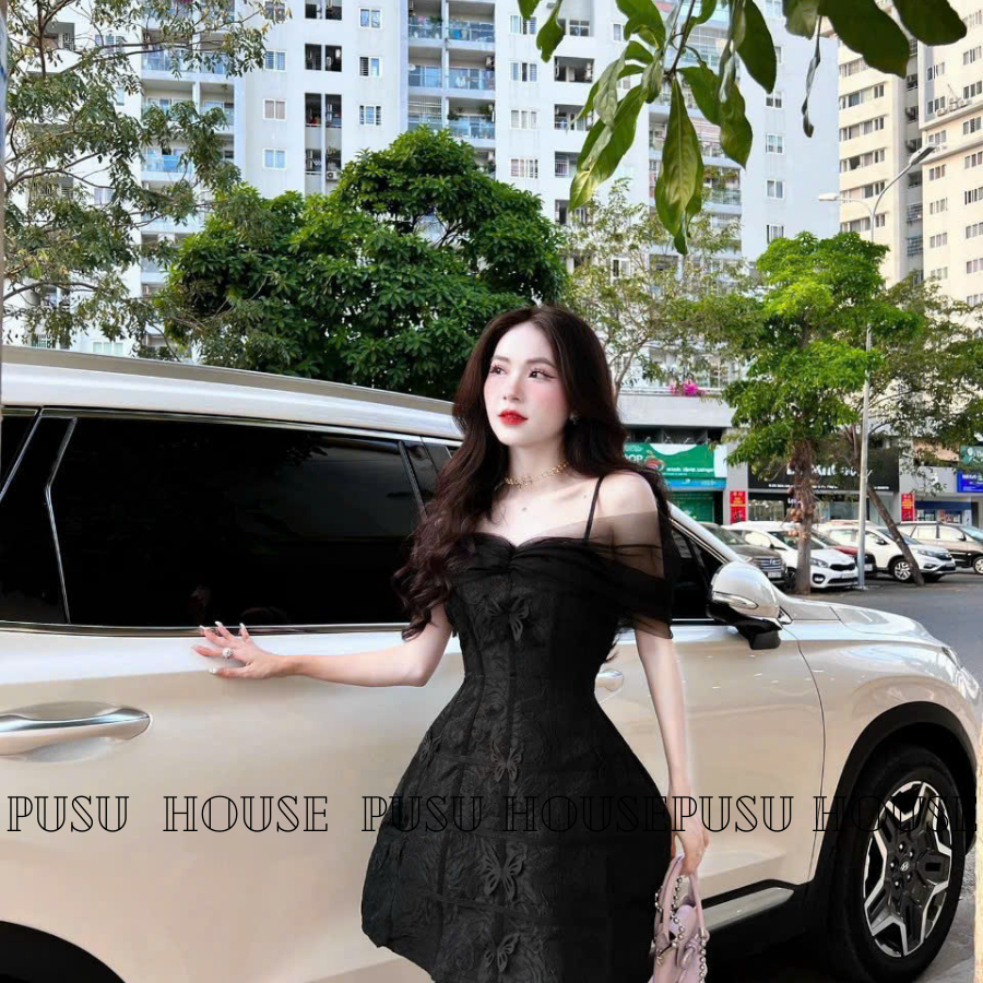 Đầm đen tiểu thư trễ vai chất gấm in nổi trẻ trung siêu xinh-PUSU HOUSE