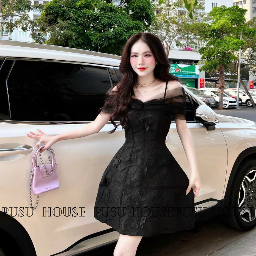 Đầm đen tiểu thư trễ vai chất gấm in nổi trẻ trung siêu xinh-PUSU HOUSE