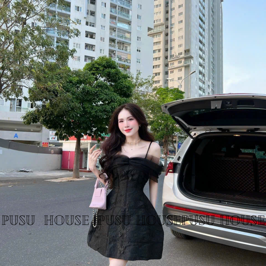 Đầm đen tiểu thư trễ vai chất gấm in nổi trẻ trung siêu xinh-PUSU HOUSE