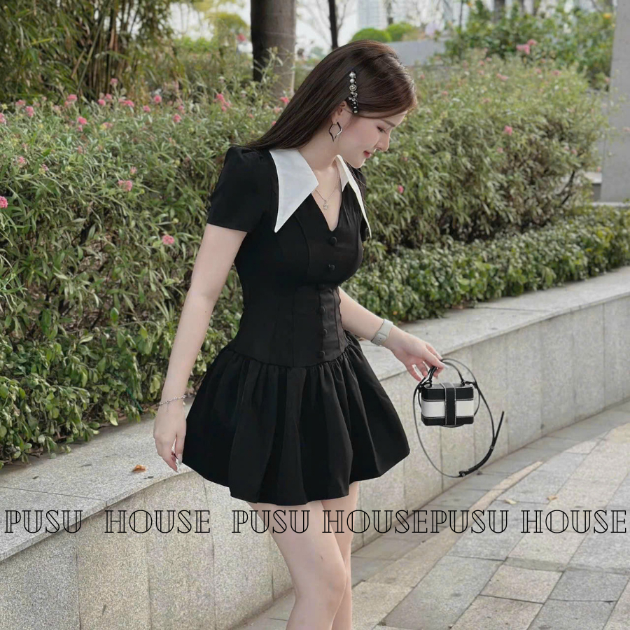 Đầm Đen Cổ Vest V Phối Trắng Dạo Phố Đơn Giản Xinh -PUSU HOUSE