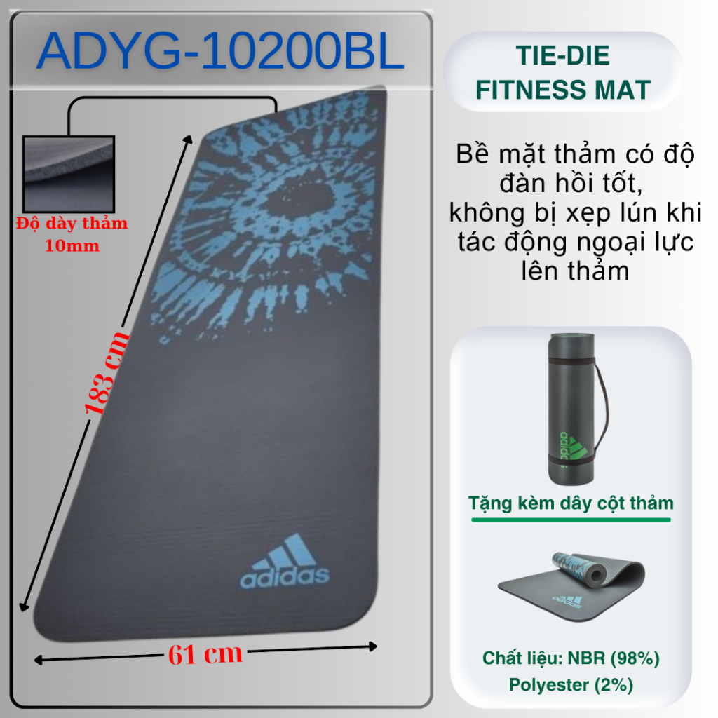Thảm Tập Fitness, Yoga ADIDAS ADYG-10200BL Tie-Dye Cao su NBR Độ dày 10mm - Hàng Chính Hãng