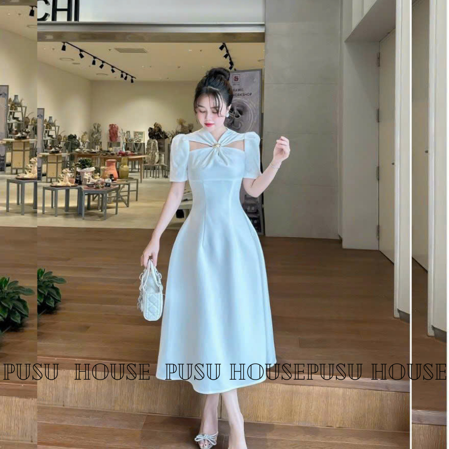 Đầm Dự tiệc Thiết Kế Xoắn Đính Đá Thanh Lịch Sang Trọng Công Sở Dạo Phố-PUSU HOUSE