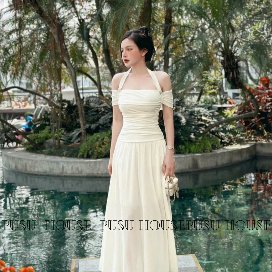 Đầm thun nhún trễ vai dáng dài tôn dáng dự tiệc dạo phố xinh -PUSU HOUSE