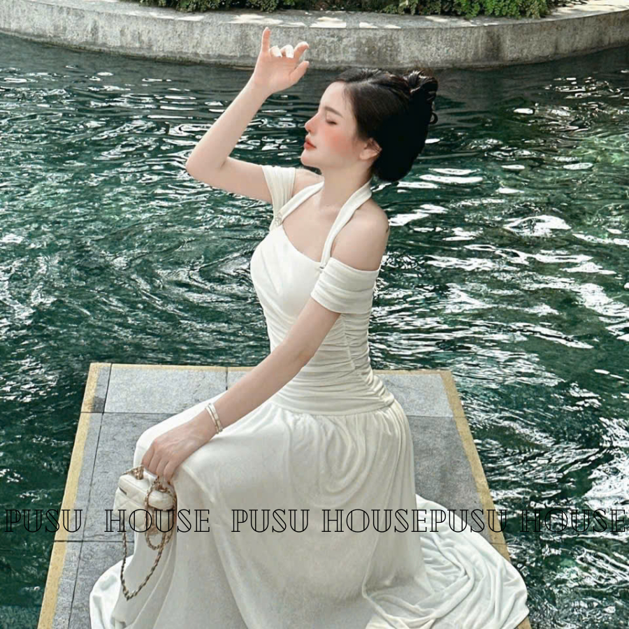 Đầm thun nhún trễ vai dáng dài tôn dáng dự tiệc dạo phố xinh -PUSU HOUSE