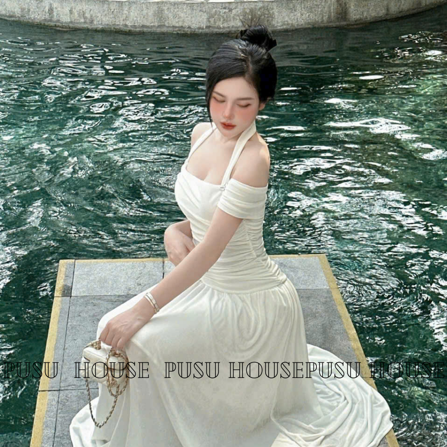 Đầm thun nhún trễ vai dáng dài tôn dáng dự tiệc dạo phố xinh -PUSU HOUSE